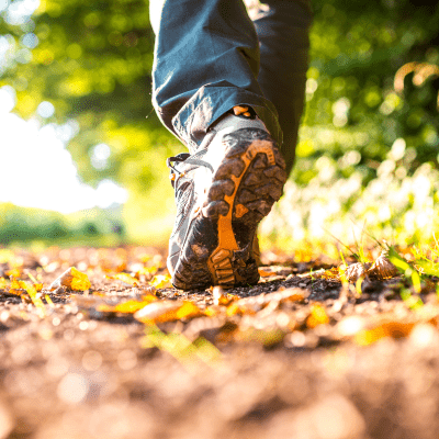 Close up of someone's feet as they walk through a wooded area wearing walking shoes